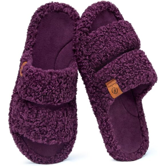 Women's Plum-Violet Fuzzy Open-toe Slippers Soft Comfy Foam Indoor House Shoes - Picture 4 of 11